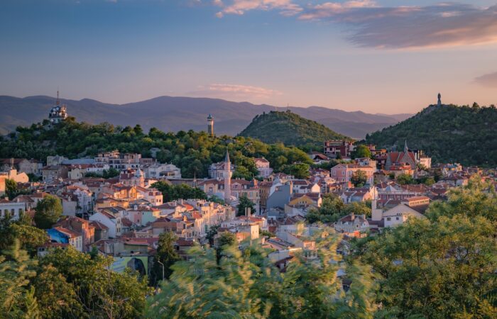 a small town surrounded by trees and mountains